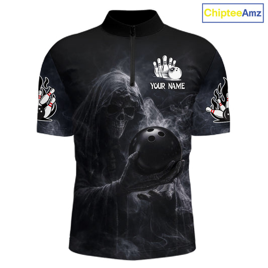 Custom Smoke Skull reaper Bowling Polo, 1/4 Zip Shirts for Men, Team bowling outfit Jerseys NQS11596