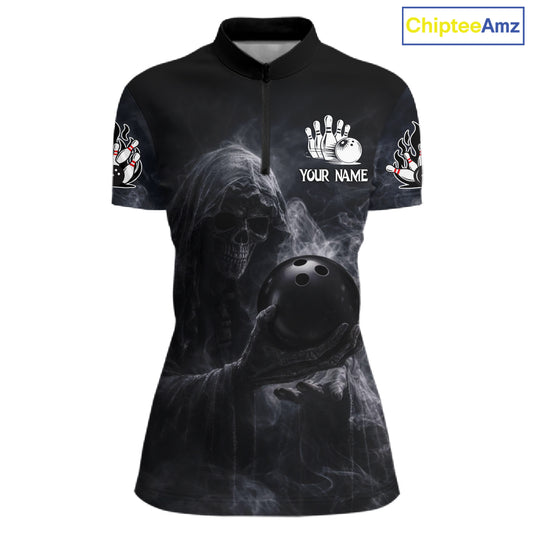 Custom Smoke Skull reaper Bowling Polo, 1/4 Zip Shirts for Women, Team bowling outfit Jerseys NQS11596
