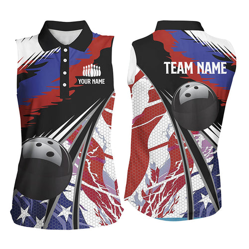 Women Sleeveless Polo bowling shirts Custom black ball American Flag Bowling Team League Jerseys NQS7740