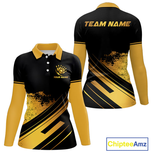 Custom Black And Gold Bowling Team Polo, Quarter-Zip Shirts For Women, Personalized Bowling Jerseys NQS10219