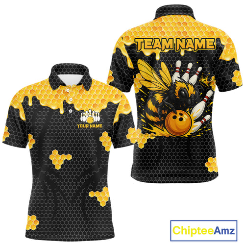 Custom Black and Yellow Honey Bee Bowling Shirts For Men, Bee Bowling Team Bowlers Outfit NQS10376