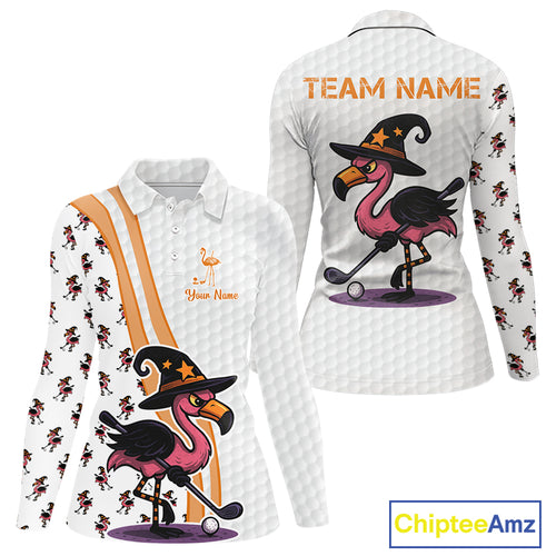 Funny Women golf polo shirt custom Halloween flamingo pattern white golf shirts NQS10377