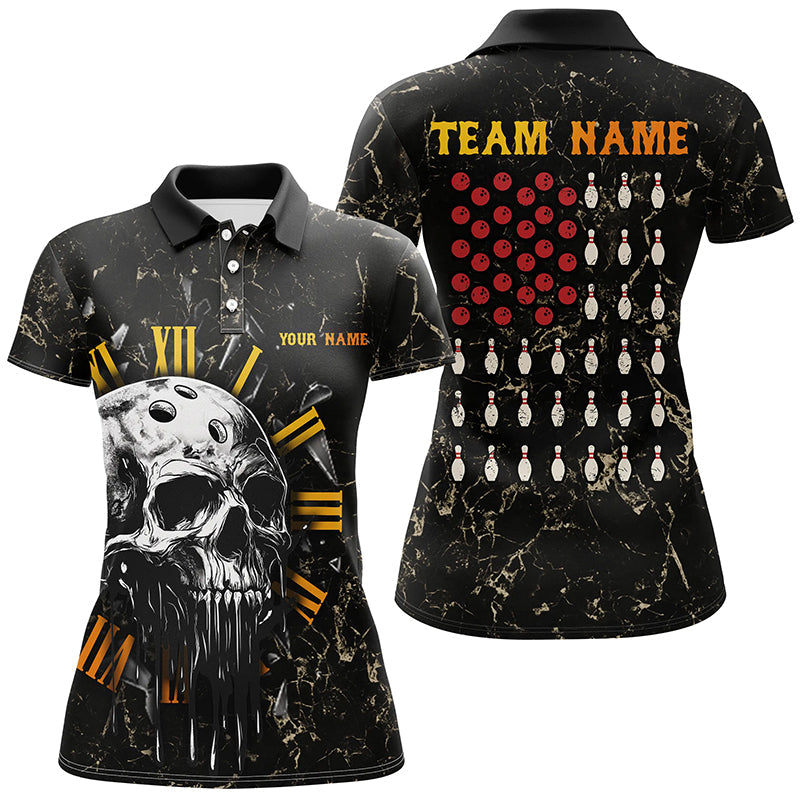 Skull Bowling Camo American Flag Custom Bowling Polo, 1/4 zip Shirts For Women Bowling Team Jerseys NQS8427