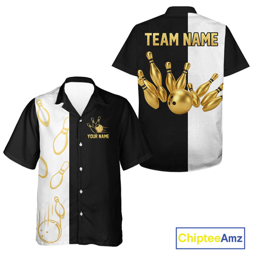 Black and white retro vintage Bowling Hawaiian Shirt custom Bowling team jersey | Gold NQS10808