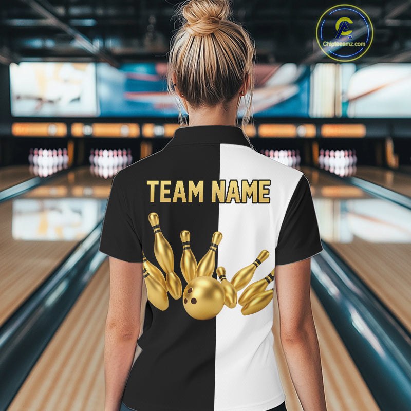 Black and white retro vintage Bowling polo, 1/4 Zip shirt for Women custom Bowling team jersey | Gold NQS10808