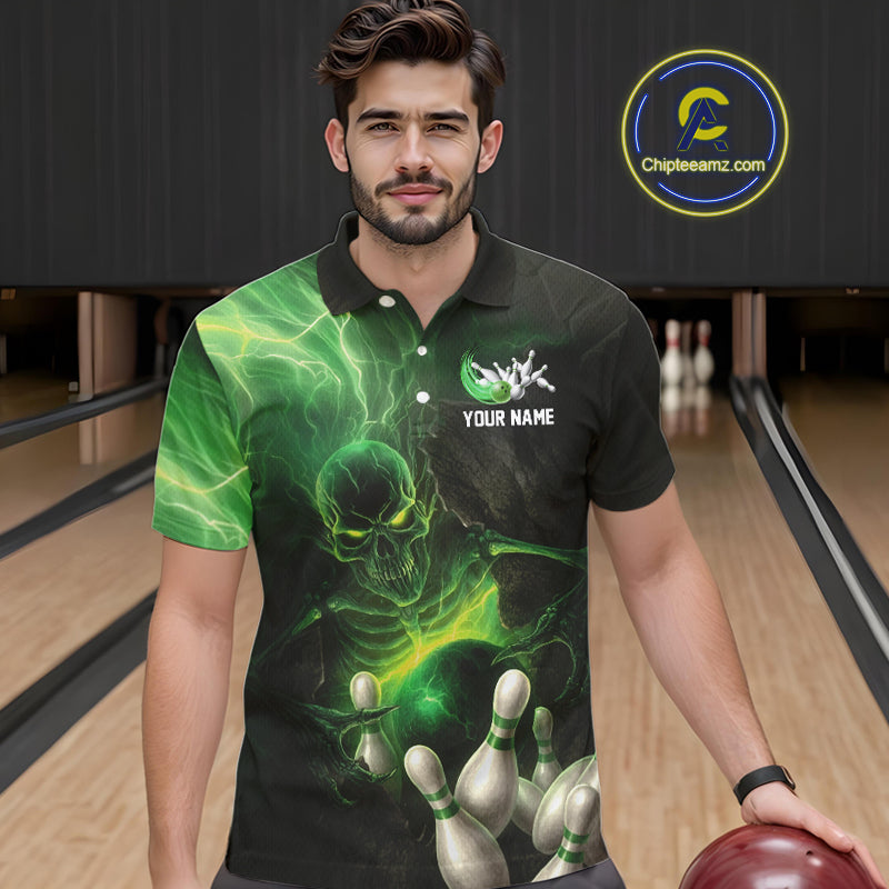 Black and green lightning skull Bowling polo, 1/4 Zip shirts for Men custom Bowling team Jersey NQS10809