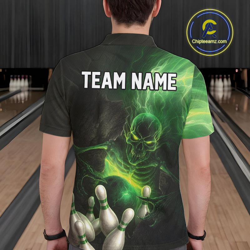 Black and green lightning skull Bowling polo, 1/4 Zip shirts for Men custom Bowling team Jersey NQS10809