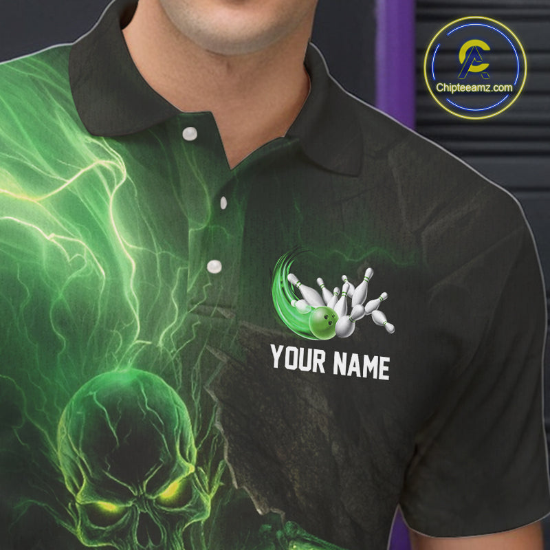 Black and green lightning skull Bowling polo, 1/4 Zip shirts for Men custom Bowling team Jersey NQS10809
