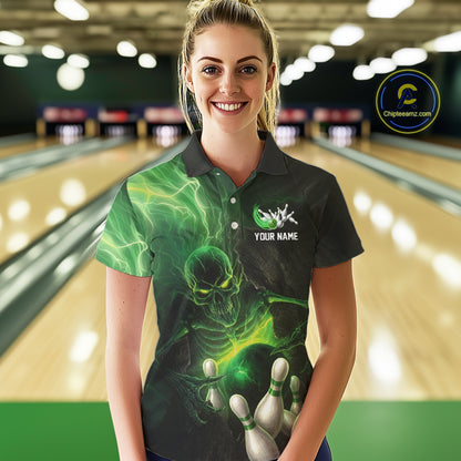 Black and green lightning skull Bowling polo, 1/4 Zip shirts for Women custom Bowling team Jersey NQS10809