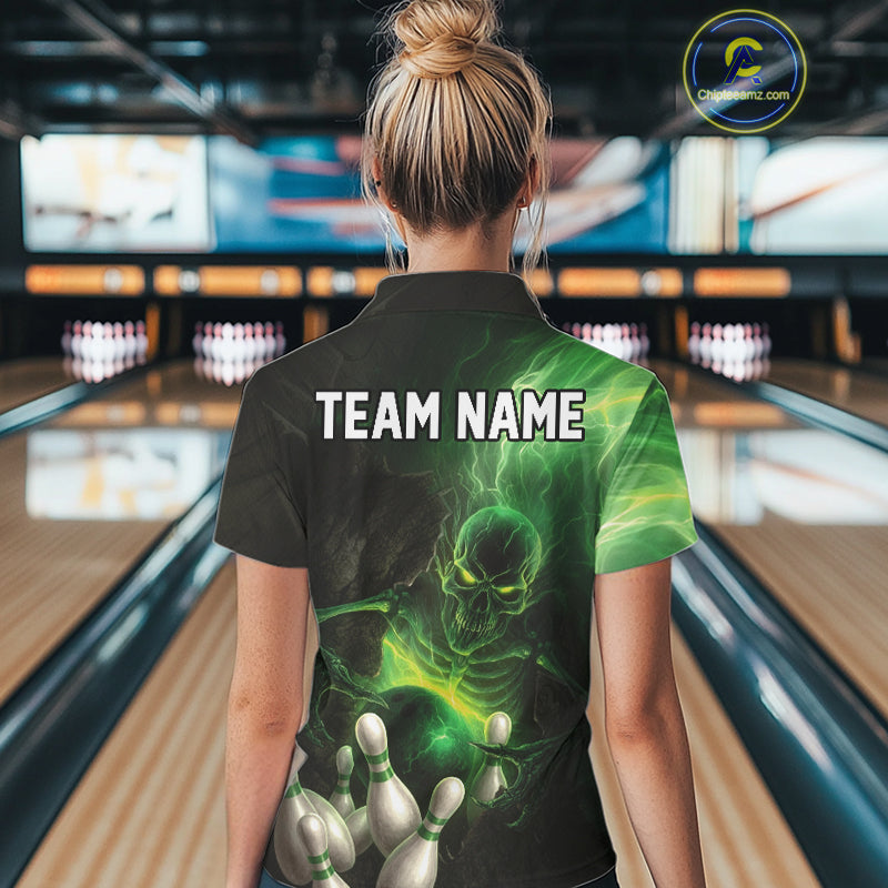 Black and green lightning skull Bowling polo, 1/4 Zip shirts for Women custom Bowling team Jersey NQS10809