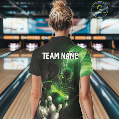 Black and green lightning skull Bowling polo, 1/4 Zip shirts for Women custom Bowling team Jersey NQS10809
