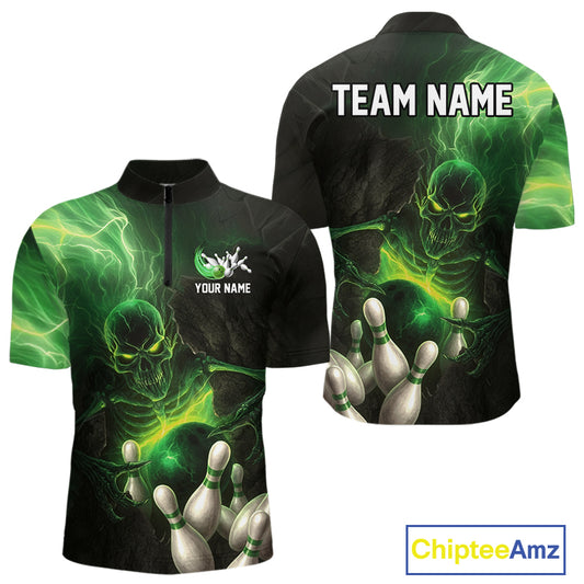 Black and green lightning skull Bowling polo, 1/4 Zip shirts for Men custom Bowling team Jersey NQS10809
