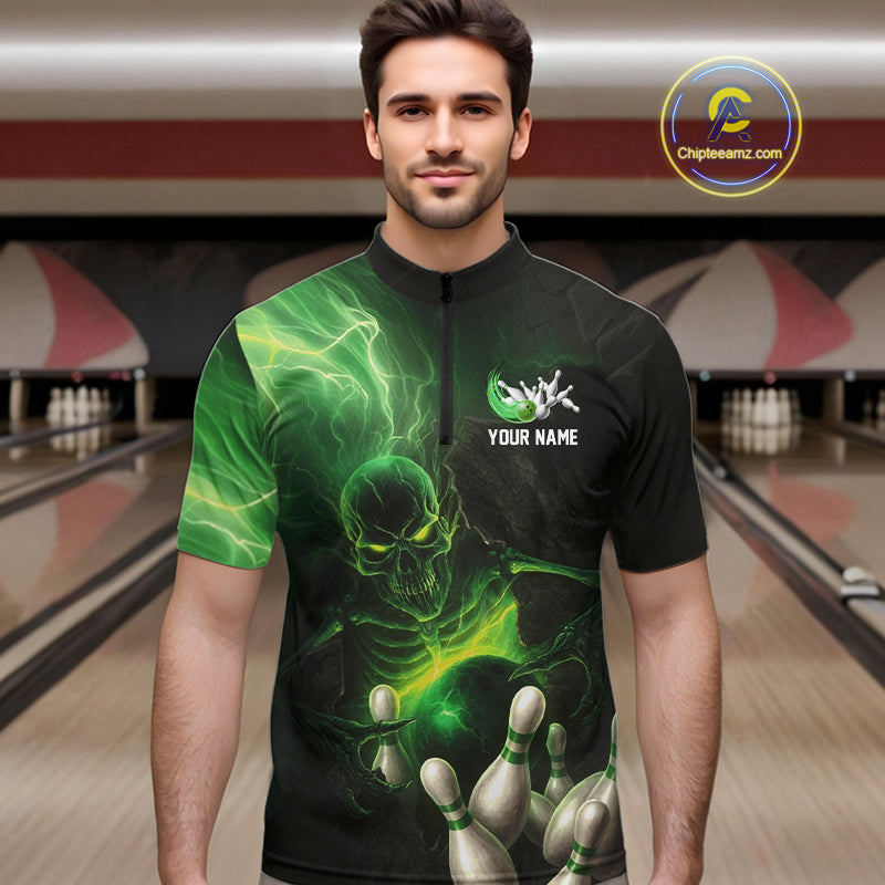 Black and green lightning skull Bowling polo, 1/4 Zip shirts for Men custom Bowling team Jersey NQS10809