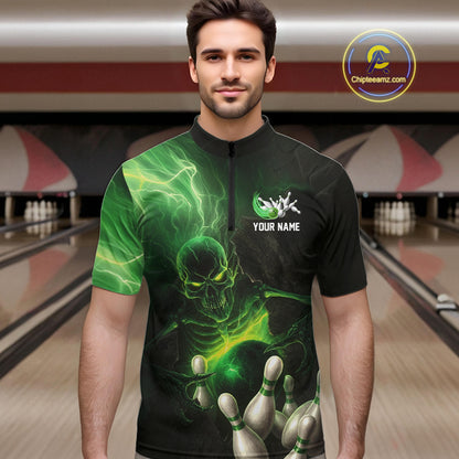 Black and green lightning skull Bowling polo, 1/4 Zip shirts for Men custom Bowling team Jersey NQS10809