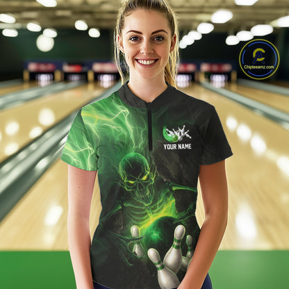 Black and green lightning skull Bowling polo, 1/4 Zip shirts for Women custom Bowling team Jersey NQS10809