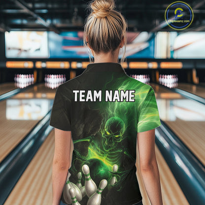 Black and green lightning skull Bowling polo, 1/4 Zip shirts for Women custom Bowling team Jersey NQS10809