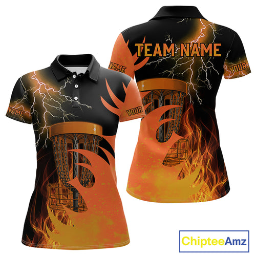 Black and Orange Flame Lightning Thunder Women Disc golf polo shirts Custom team disc golf outfit NQS10812