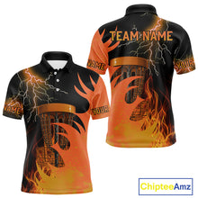 Load image into Gallery viewer, Black and Orange Flame Lightning Thunder Mens Disc golf polo shirts Custom team disc golf outfit NQS10812