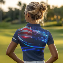 Load image into Gallery viewer, Blue Lights American Flag Womens golf polo shirts custom patriotic golf shirts for women NQS9316