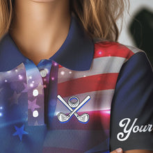 Load image into Gallery viewer, Blue Lights American Flag Womens golf polo shirts custom patriotic golf shirts for women NQS9316