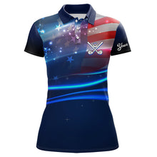 Load image into Gallery viewer, Blue Lights American Flag Womens golf polo shirts custom patriotic golf shirts for women NQS9316