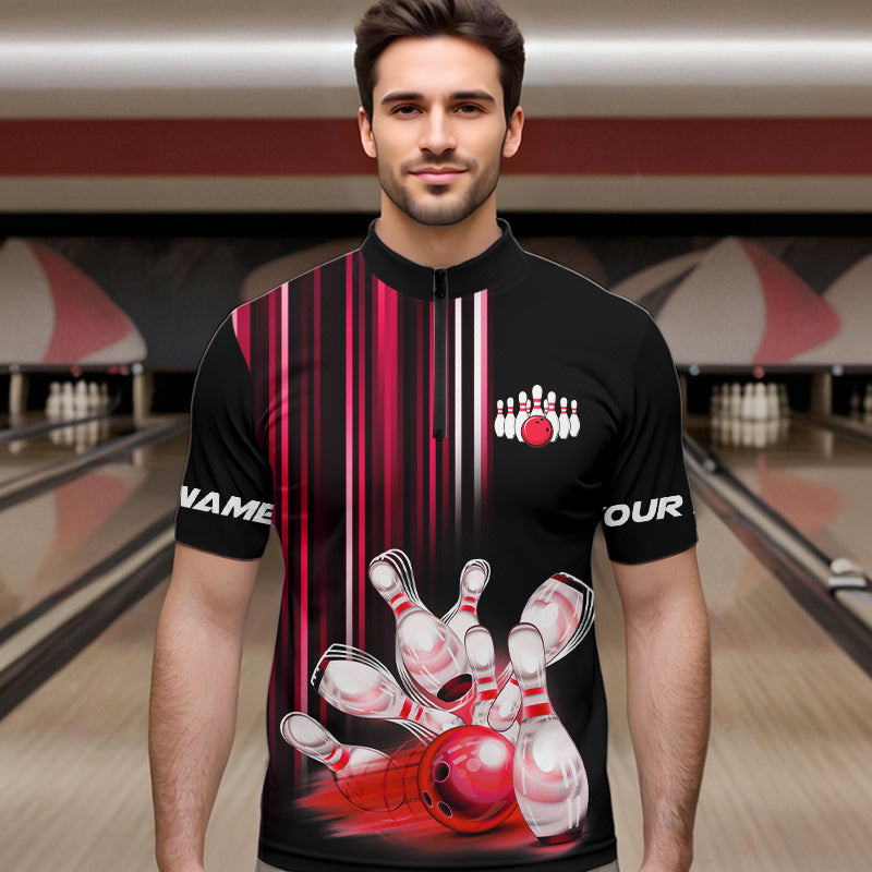 Black and red light Men bowling Polo, Quarter Zip Shirt Custom bowling ball and pins Team jerseys NQS9828