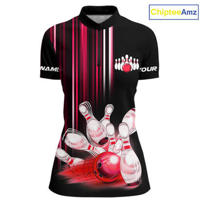 Black and red light Women bowling Polo, Quarter Zip Shirt Custom bowling ball and pins Team jerseys NQS9828