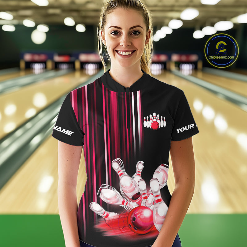 Black and red light Women bowling Polo, Quarter Zip Shirt Custom bowling ball and pins Team jerseys NQS9828