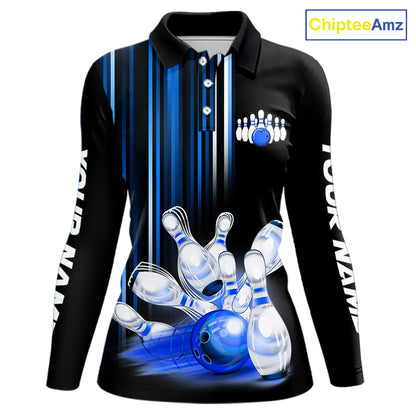 Black and blue light Women bowling Polo, Quarter Zip Shirt Custom bowling ball and pins Team jerseys NQS9829