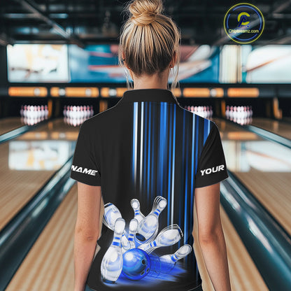 Black and blue light Women bowling Polo, Quarter Zip Shirt Custom bowling ball and pins Team jerseys NQS9829