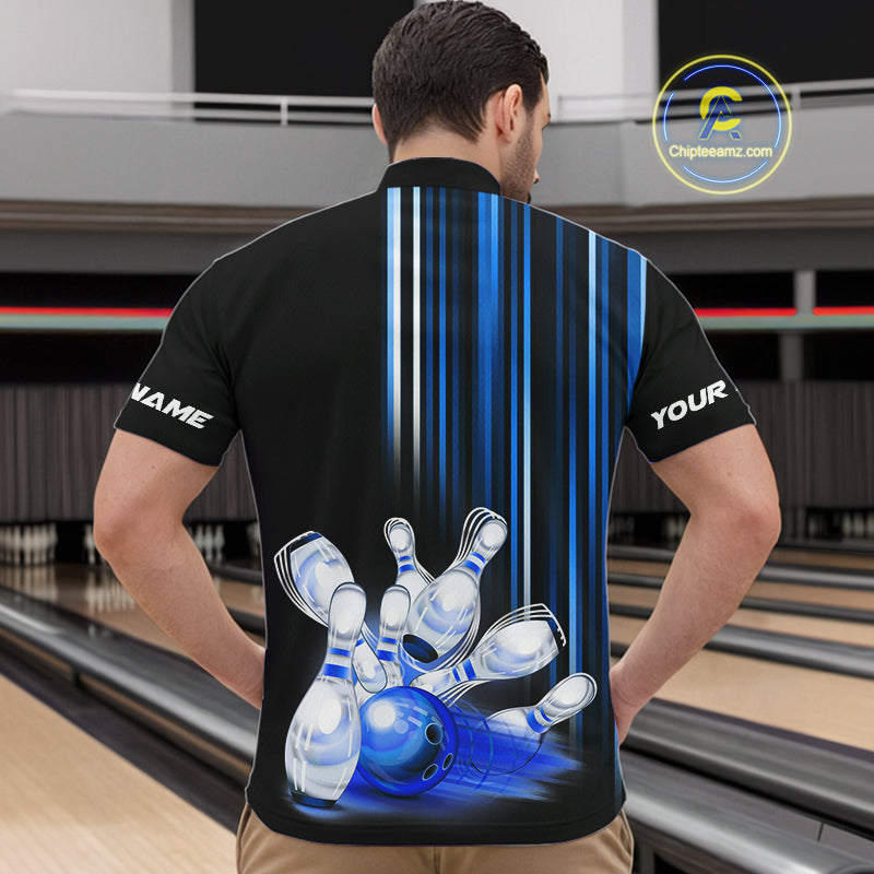 Black and blue light Men bowling Polo, Quarter Zip Shirt Custom bowling ball and pins Team jerseys NQS9829