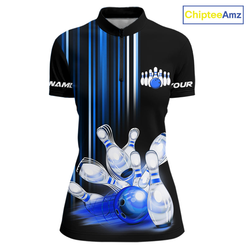 Black and blue light Women bowling Polo, Quarter Zip Shirt Custom bowling ball and pins Team jerseys NQS9829
