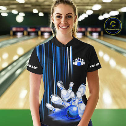 Black and blue light Women bowling Polo, Quarter Zip Shirt Custom bowling ball and pins Team jerseys NQS9829
