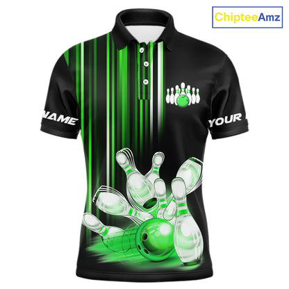 Black and Green light Men bowling Polo, Quarter Zip Shirt Custom bowling ball and pins Team jerseys NQS9830