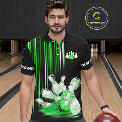 Black and Green light Men bowling Polo, Quarter Zip Shirt Custom bowling ball and pins Team jerseys NQS9830