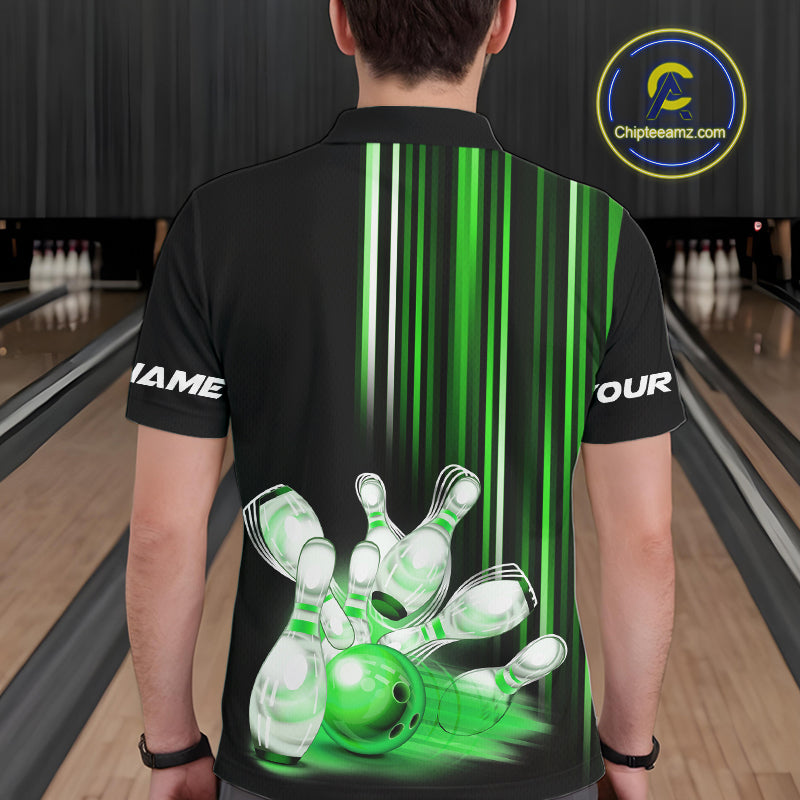 Black and Green light Men bowling Polo, Quarter Zip Shirt Custom bowling ball and pins Team jerseys NQS9830