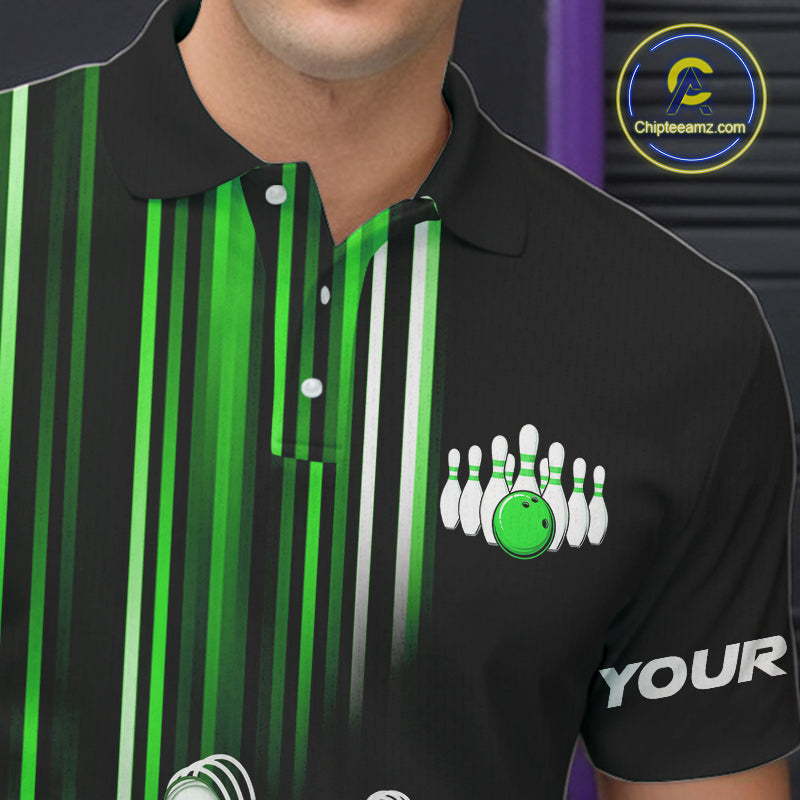 Black and Green light Men bowling Polo, Quarter Zip Shirt Custom bowling ball and pins Team jerseys NQS9830