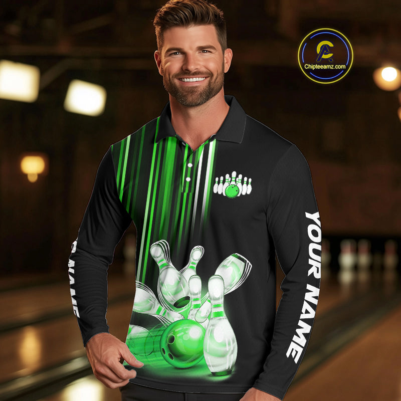 Black and Green light Men bowling Polo, Quarter Zip Shirt Custom bowling ball and pins Team jerseys NQS9830