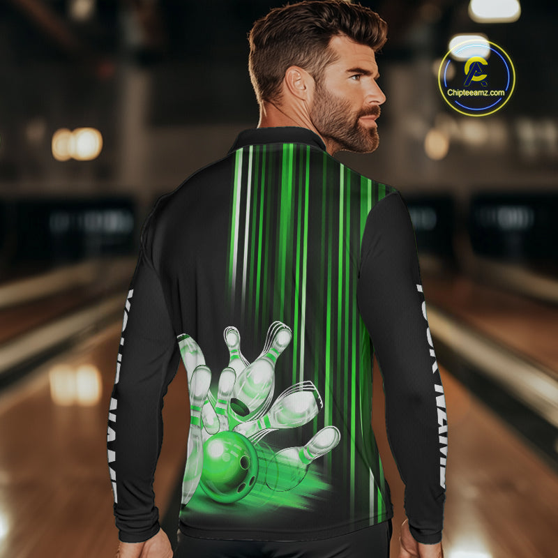 Black and Green light Men bowling Polo, Quarter Zip Shirt Custom bowling ball and pins Team jerseys NQS9830
