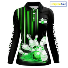 Load image into Gallery viewer, Black and Green light Women bowling Polo, Quarter Zip Shirt Custom bowling ball and pins Team jerseys NQS9830