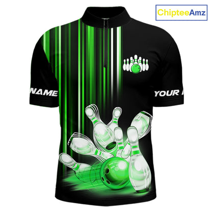 Black and Green light Men bowling Polo, Quarter Zip Shirt Custom bowling ball and pins Team jerseys NQS9830