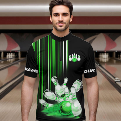Black and Green light Men bowling Polo, Quarter Zip Shirt Custom bowling ball and pins Team jerseys NQS9830