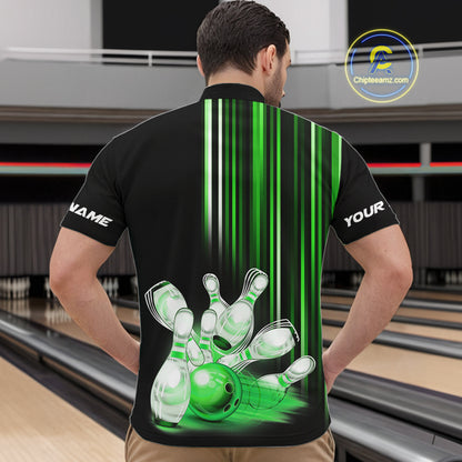Black and Green light Men bowling Polo, Quarter Zip Shirt Custom bowling ball and pins Team jerseys NQS9830