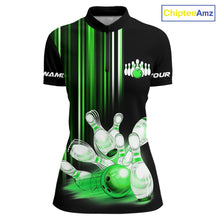 Load image into Gallery viewer, Black and Green light Women bowling Polo, Quarter Zip Shirt Custom bowling ball and pins Team jerseys NQS9830