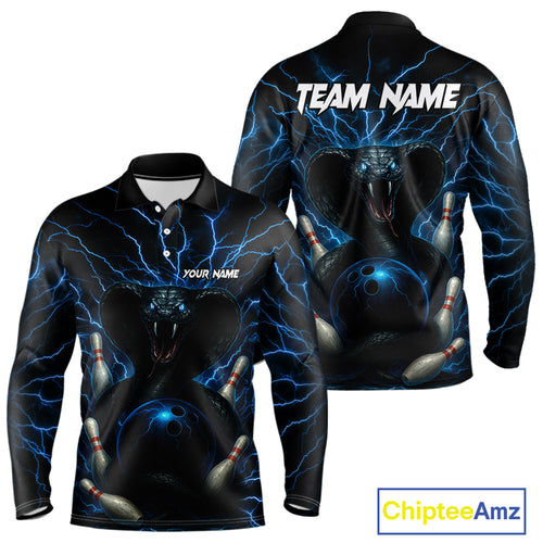 Personalized Blue Thunder Lightning Cobra Snake Bowling Shirt For Men, Custom Name Bowling Team Jersey NQS9834