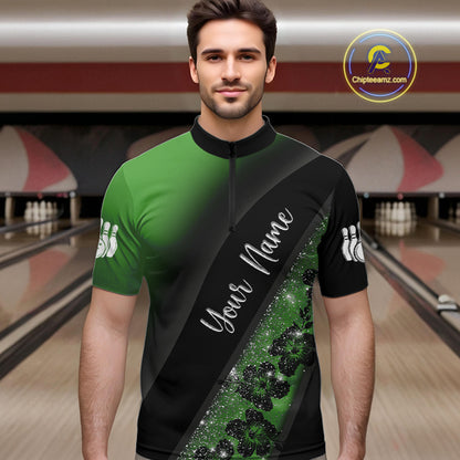 Black and Green Glitter Flower Bowling Polo, Quarter Zip Shirt for Men Custom Bowling Team Jerseys NQS10384