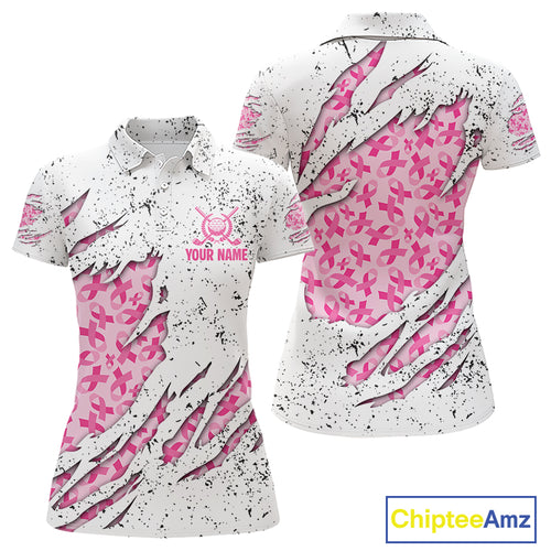 Pink ribbon white grunge pattern Women golf polo shirt custom breast cancer awareness ladies golf top NQS10386