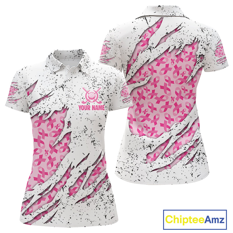 Pink ribbon white grunge pattern Women golf polo shirt custom breast cancer awareness ladies golf top NQS10386