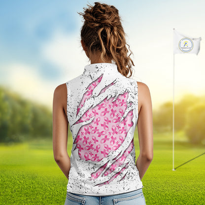 Pink ribbon white grunge pattern Women Sleeveless Polo Shirt custom breast cancer awareness golf top NQS10386