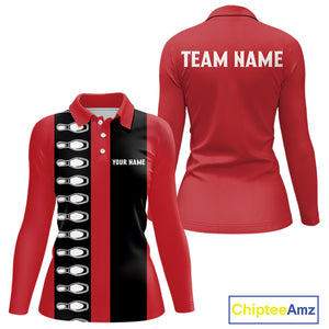 Red and black retro vintage Bowling polo, quarter zip shirts for Women custom Bowling team jerseys NQS10385